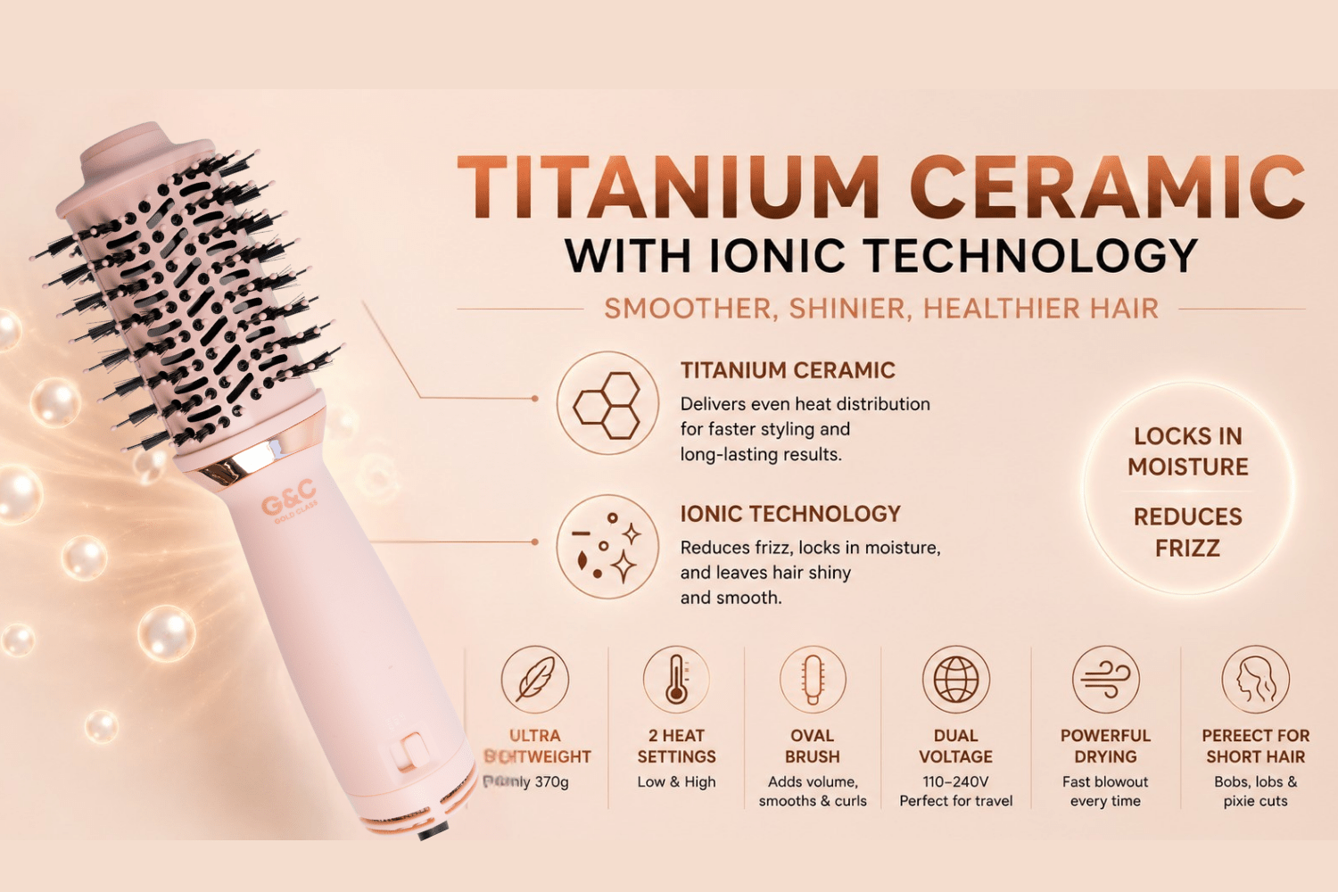 Mini Blowout Brush Dual Voltage Travel small Dryer Brush G&C – professional hair tool by Gold Class G&C