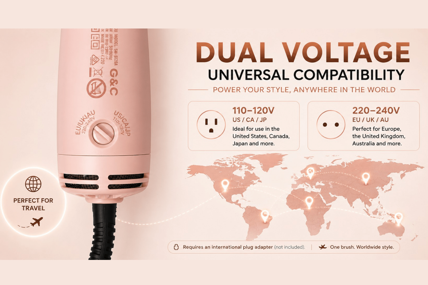 Mini Blowout Brush Dual Voltage Travel small Dryer Brush G&C – professional hair tool by Gold Class G&C